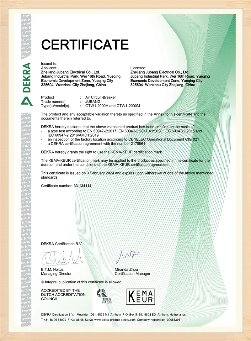 KEMA-KEUR Certificate – GTW1-2000 ACB
