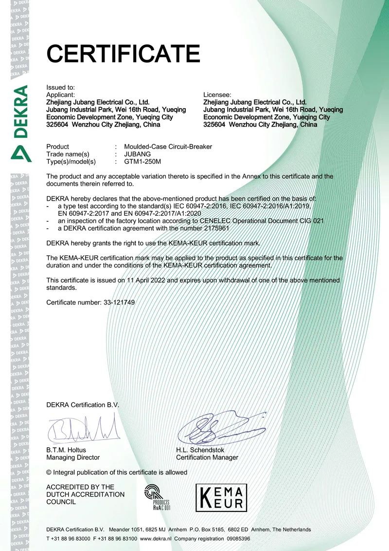 KEMA-KEUR Certificate – GTM1-250M