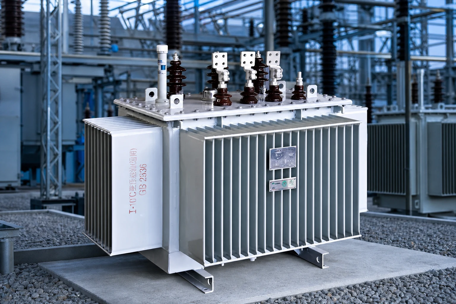 35kV oil-immersed power transformer — Jubang Group official product with illustrative industrial background (not a real site photo)