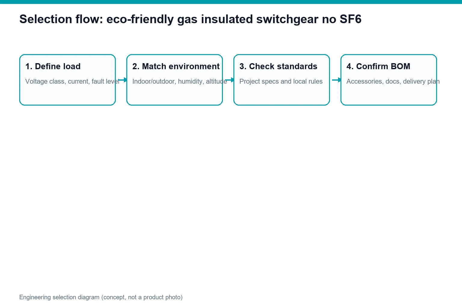 Concept diagram showing eco-friendly gas insulated switchgear no SF6 application and specification flow (not a product photo)