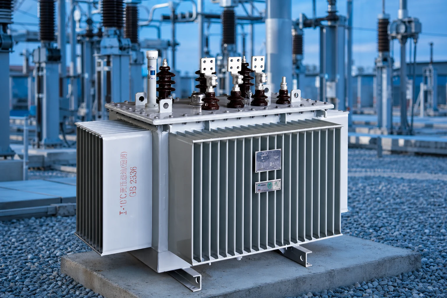 oil-immersed distribution transformer — Jubang Group official product with illustrative industrial background (not a real site photo)