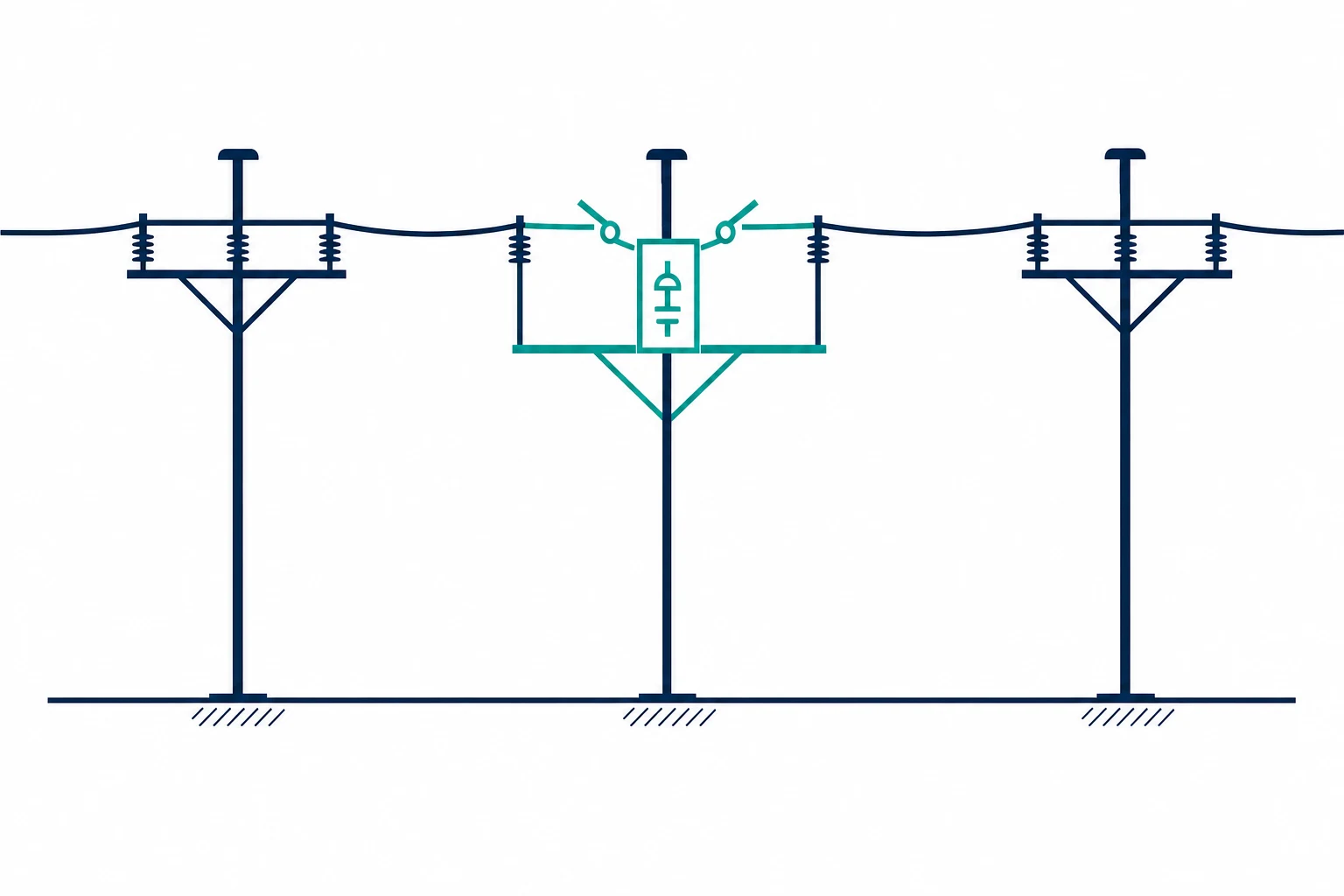 Concept diagram of medium-voltage overhead line sectionalizing with an outdoor vacuum circuit breaker (illustration)