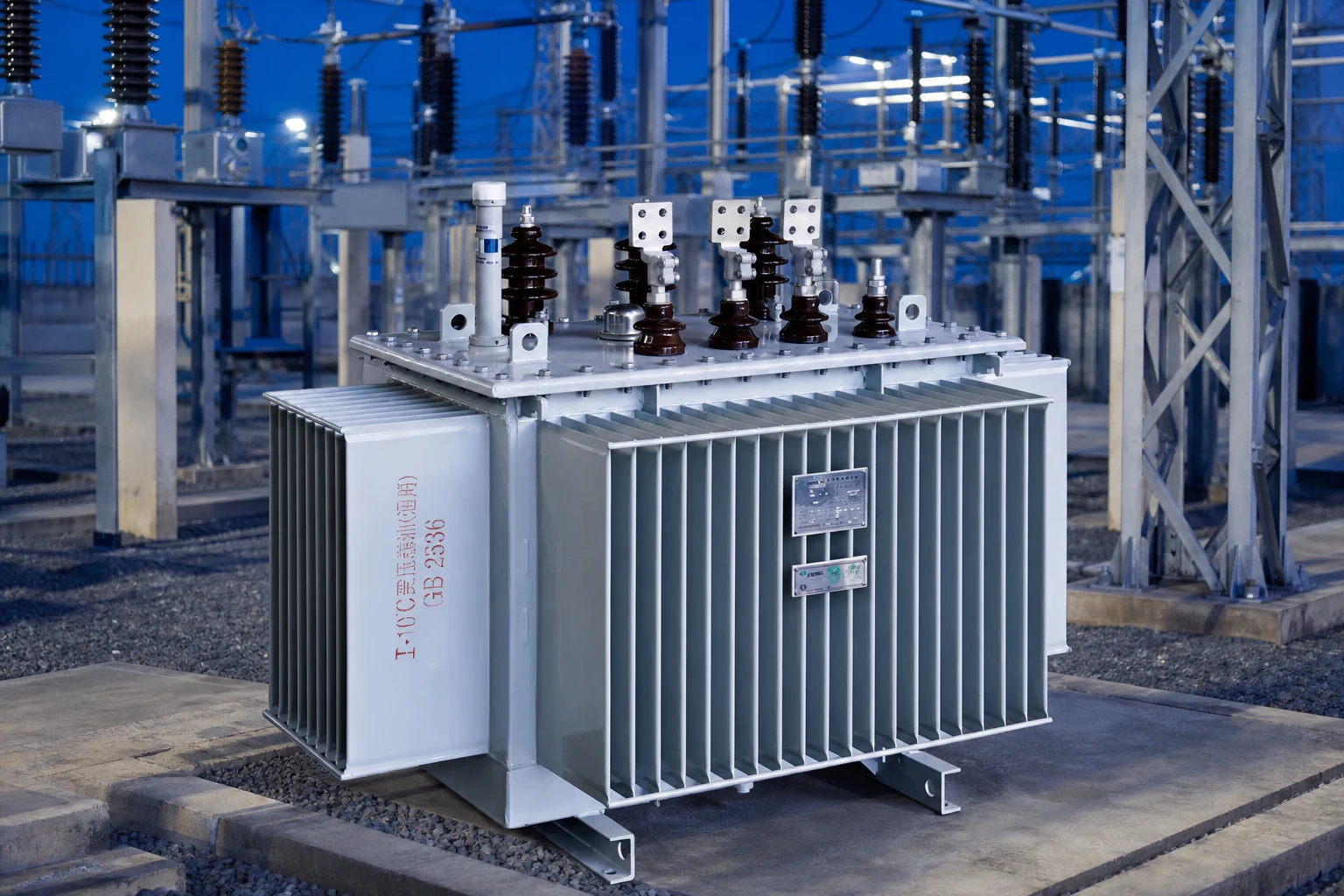 three-phase oil-immersed power transformer — Jubang Group official product with illustrative industrial background (not a real site photo)