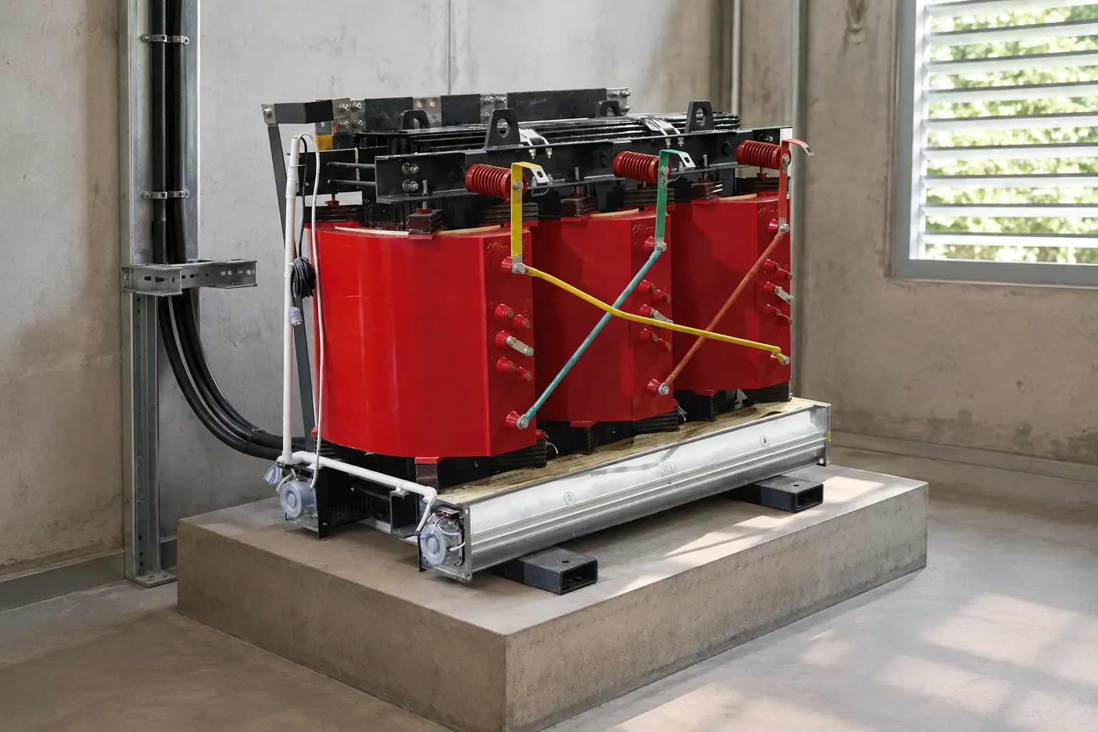 Resin-cast high-voltage winding and enclosure ventilation detail
