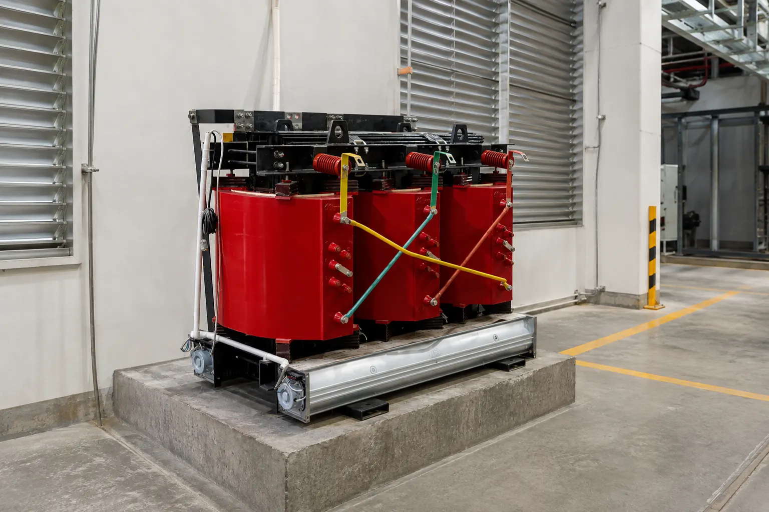 Maintenance access aisle around a dry type transformer in a factory