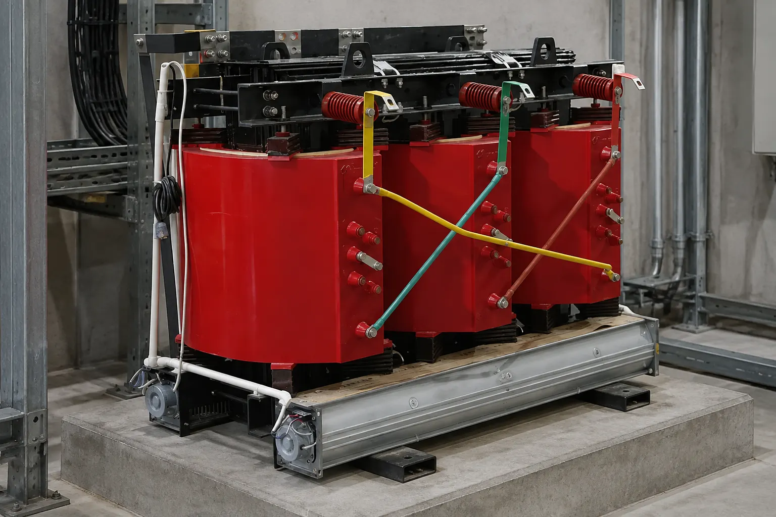 Close-up of SCB cast-resin coils and phase barriers