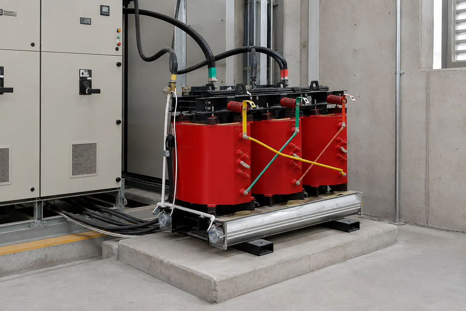 Cast-resin transformer connected to switchgear in a protection testing bay