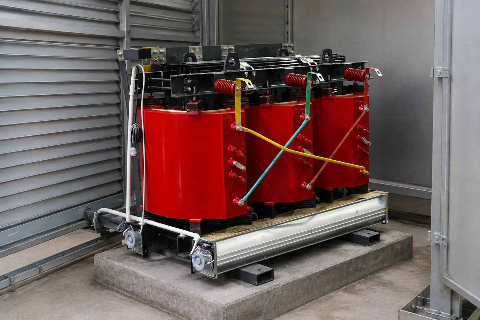 Indoor dry type transformer enclosure, cast-resin coils and airflow path