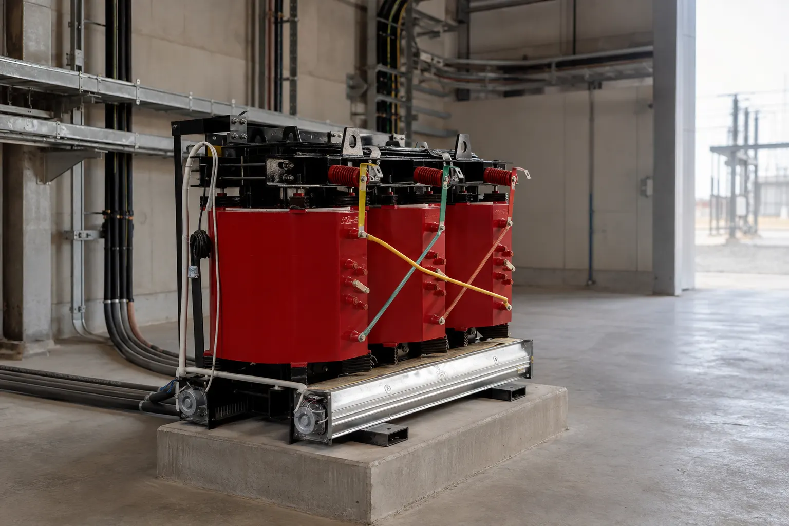 Indoor substation transformer with maintenance clearance and cable routing