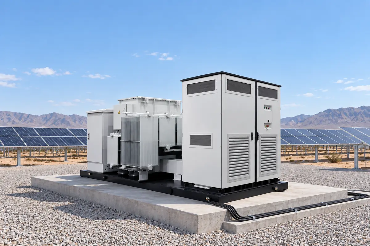 Outdoor PV booster station with maintenance clearance in an arid environment