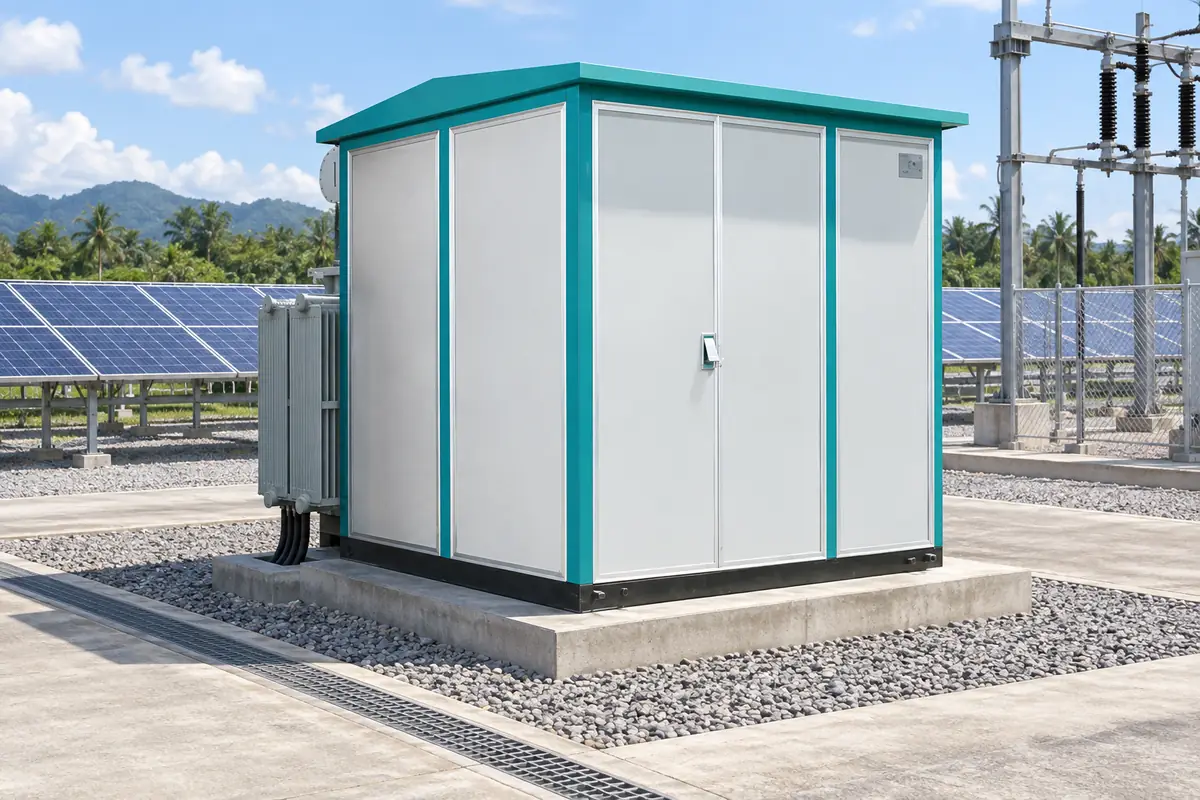 European booster unit with maintenance aisle and drainage at a PV substation