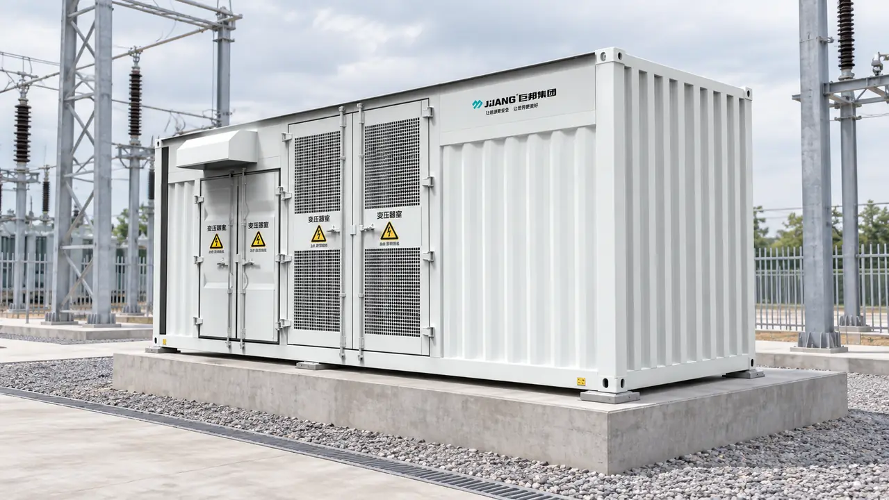 Service-side view of an American-style energy storage converter booster with transformer radiators and cable entries