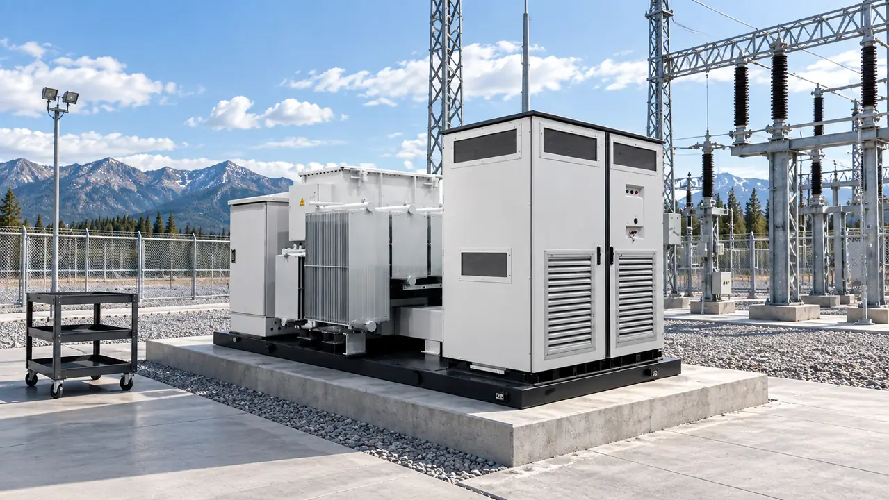 Engineers reviewing a single-line diagram beside an installed off-grid converter booster