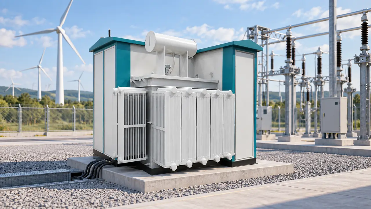 Winter wind farm combined transformer installation with maintenance clearance