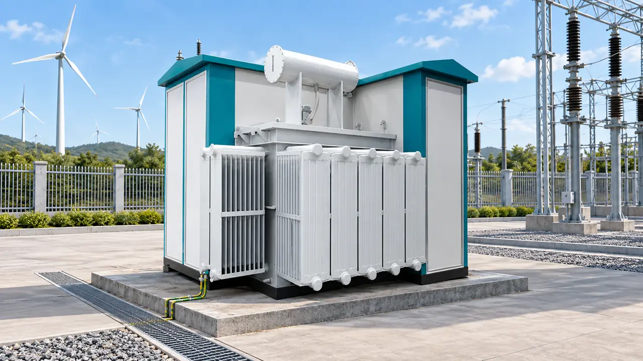 Packaged wind transformer substation prepared for transport and crane installation