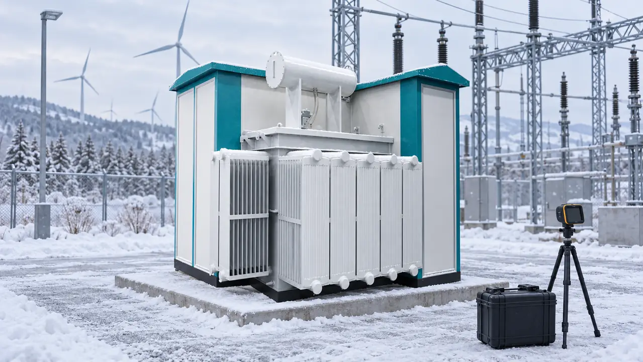 Winter technician inspecting a combined transformer enclosure and auxiliary heater indicators